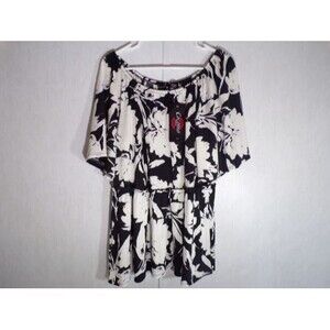NWT Cocomo Woman Tunic Top 1X Black & Cream Artsy Floral Feminine Flowy Office